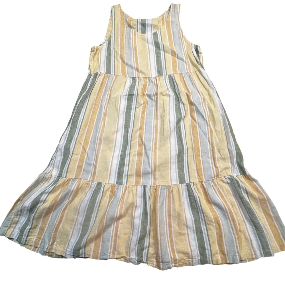 Croft & Barrow Womens Linen Blend Tiered Midi Dress Yellow Green Striped Size M